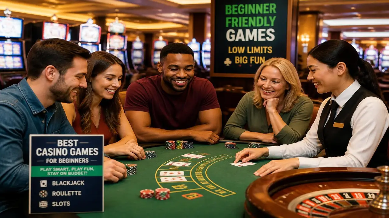 Group of people playing blackjack with a dealer at a casino table, featuring a sign about beginner-friendly casino games like blackjack, roulette, and slots with low limits