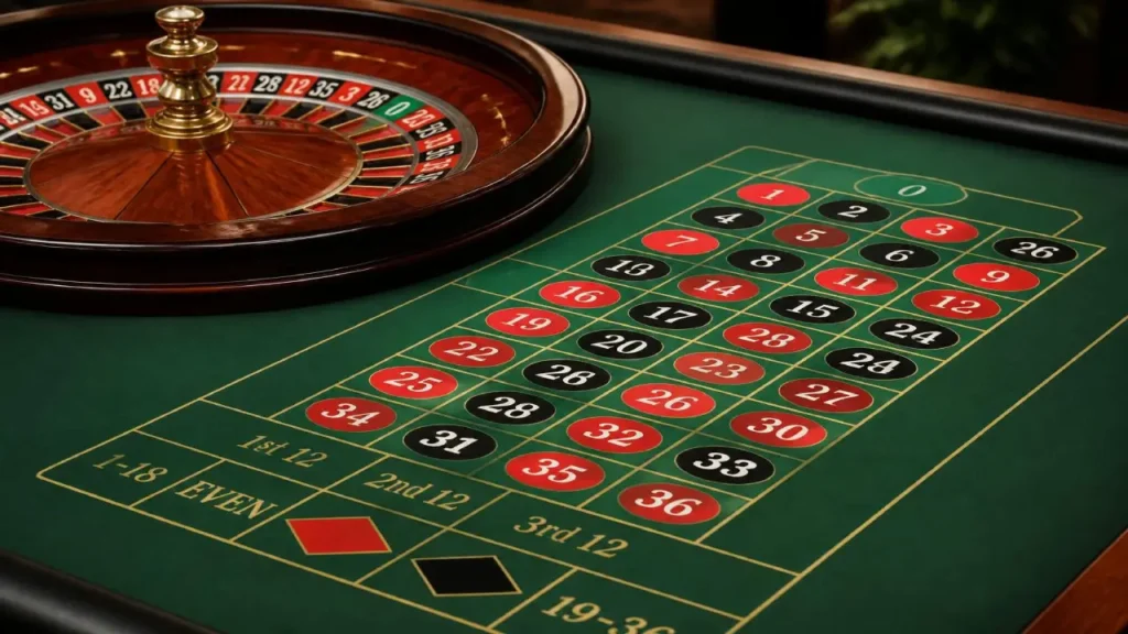 Close-up of a European roulette wheel and betting table layout showing numbered grid and outside betting options like red, black, even, and odd