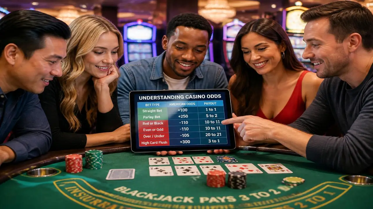 Group of people at a blackjack table looking at a tablet displaying casino odds, bet types, and payout information while playing cards in a casino