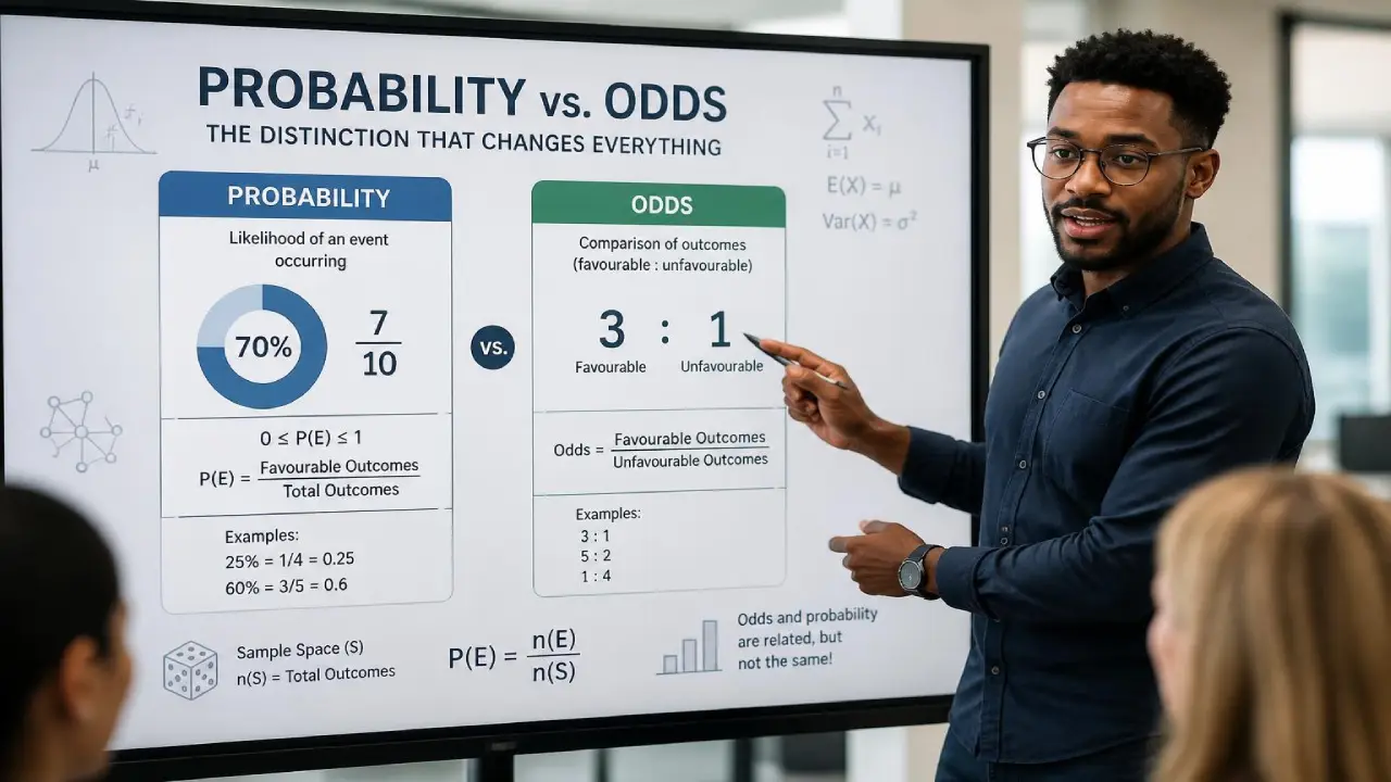 Instructor explaining probability vs odds on a presentation screen with charts, formulas, and examples showing likelihood and outcome comparisons