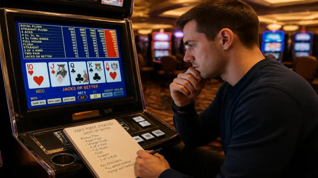 Man playing video poker machine in a casino while reading a Jacks or Better strategy guide, showing cards and payout table on screen